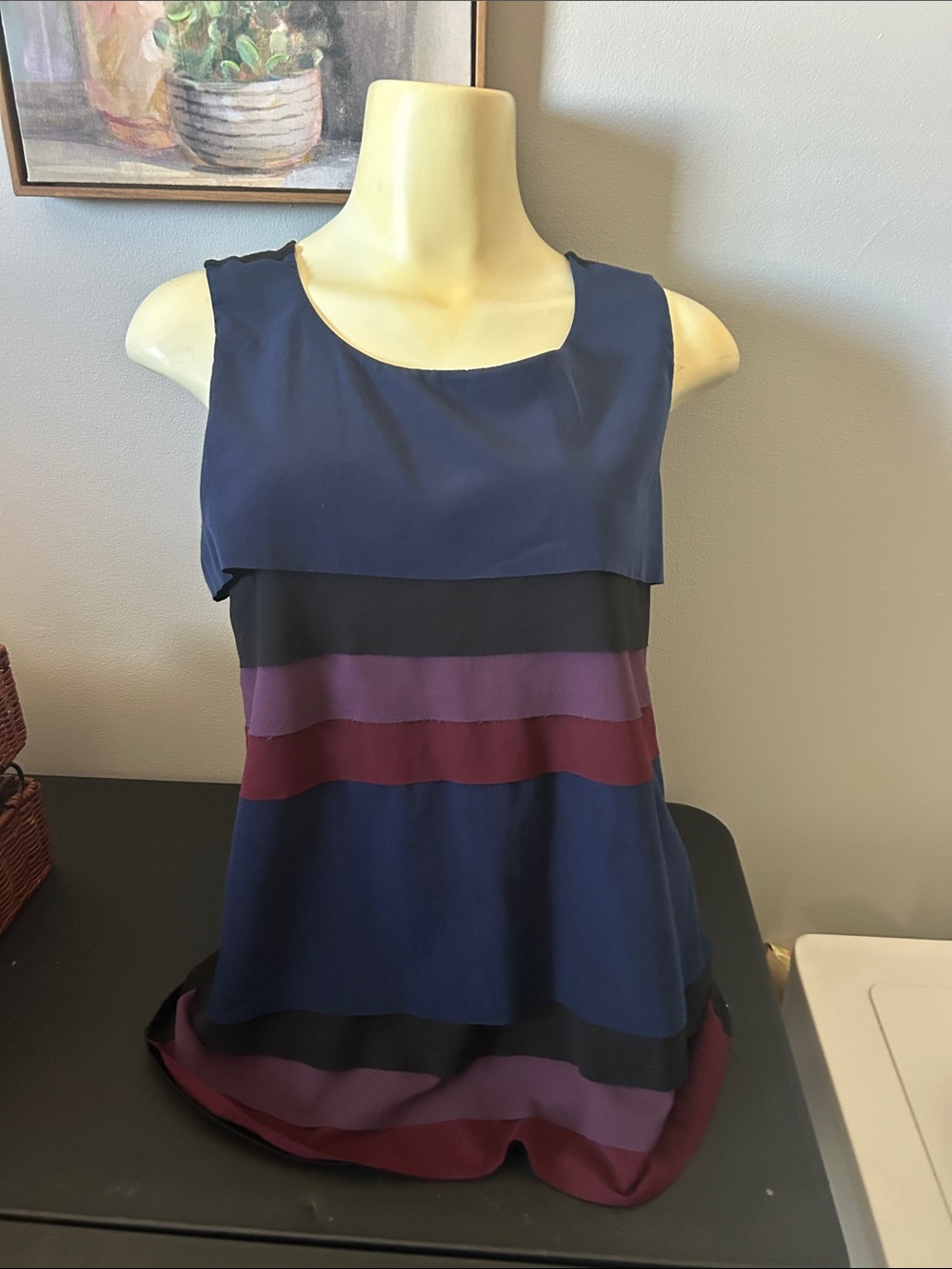 Ann Taylor Navy Blue Sleeveless Layered Stripe Blouse